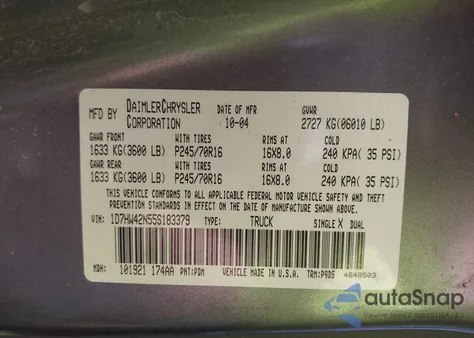 2005 Dodge Dakota Slt из США, поврежденный, VIN 1D7HW42N55S183379